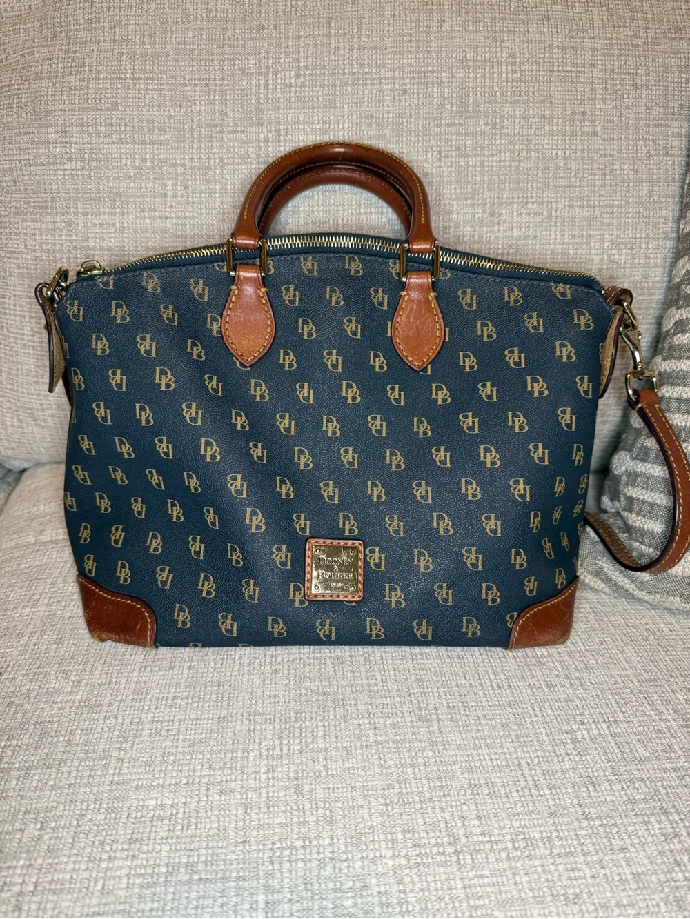 Dooney & Bourke Navy and Brown Signature Gretta Satchel with Leather Trim - Picture 1 of 14